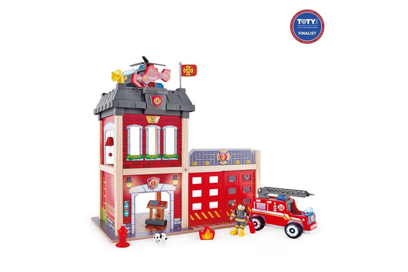 13pc Hape 60cm City Fire Station Kids 3y+ Wooden Toy w Fire Fighter Dog Figures