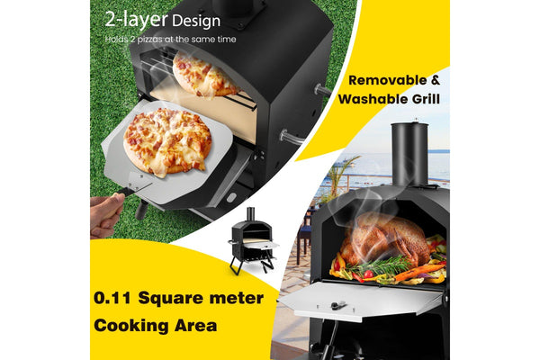 Costway 2-Layer Pizza Oven Portable BBQ Grill Pizza Maker Charcoal Wood Fired w/Waterproof Cover&Pizza Stone