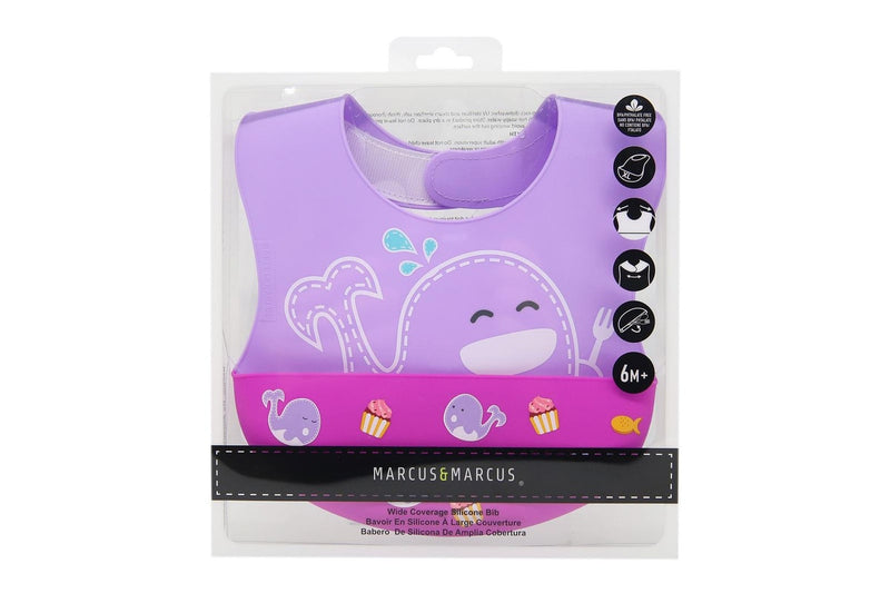 Marcus & Marcus Willo Whale Lilac Wide Coverage Silicone Baby Toddler Bib 6m+