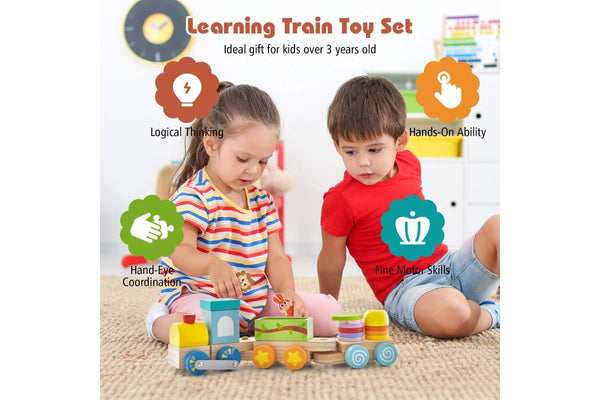 Costway Wood Train Toy Sets Interactive Educational Game Mini Locomotive w/Cute Animals Preschool Gift