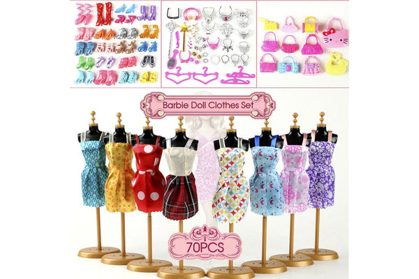 Costcom 70pcs Items For Barbie Doll Jewellery Clothes Set Accessories Dresses Shoes