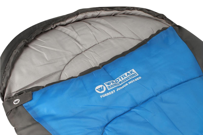 Wildtrak Forrest Junior 205x65cm Hooded Sleeping Bag Thermal Camping Blue Grey