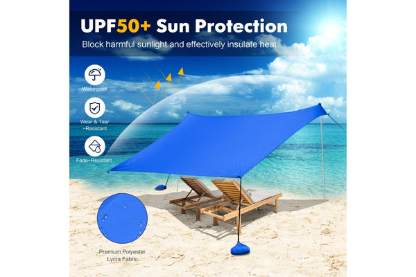 Costway Beach Sunshade Canopy UPF50+ Family Shelter Shade 3-4 Adults w/4 Poles Sandbags Peg Stakes Blue