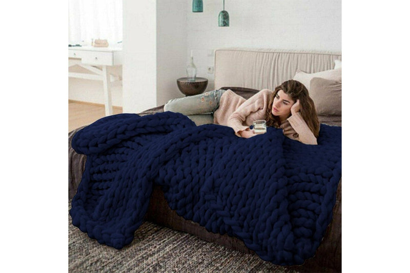 100 x 120cm Chunky Knitted Blanket Throw Blanket Thick Yarn Blanket-Dark Blue