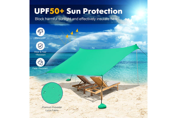 Costway Beach Sunshade Canopy UPF50+ Family Shelter Shade 3-4 Adults w/4 Poles Sandbags Peg Stakes Turquoise