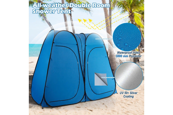 Costway 2-Room Pop Up Shower Tent Outdoor Camping Portable Change Room Privacy Shelter w/Carrying Bag Blue