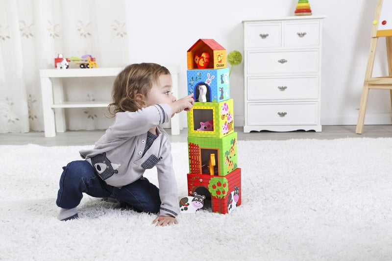 Tooky Toy Nesting Box Farm Kids Toddler Stacking Wooden Blocks Cubes Toy 12m+