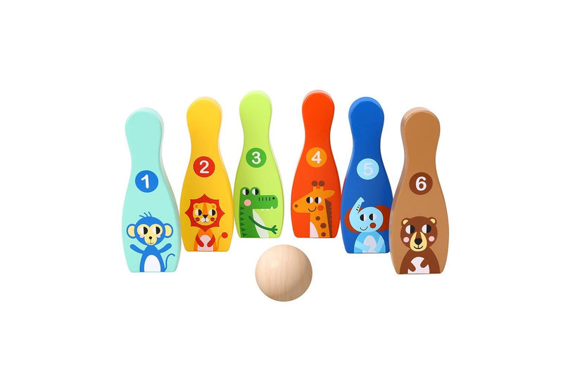 7pc Tooky Toy Kids Children Wooden Educational Bowling Game Jungle Animals 3y+