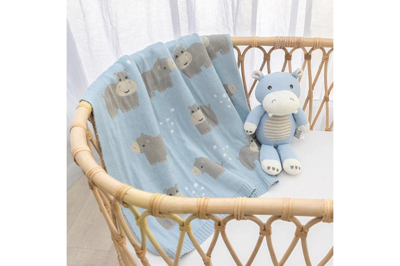 Living Textiles Whimsical 85cm Cotton Baby Blanket Pram Comforter Hippo Blue