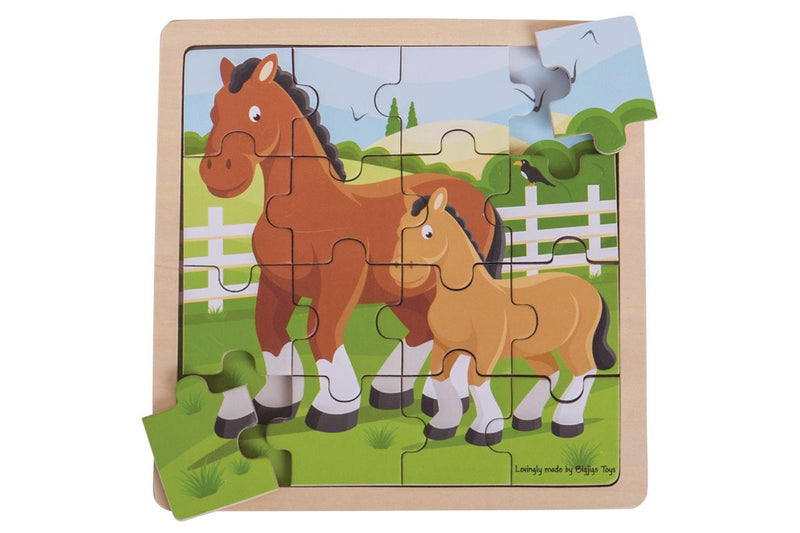 2x 16pc Bigjigs Toys 18cm Horse Foal & Cow Calf Puzzle Kids Wooden Toy Combo 2y+