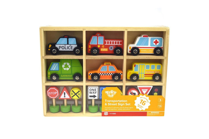 16pc Tooky Toy Wooden Transportation & Street Sign Vehicles 3y+ Kids Toddler