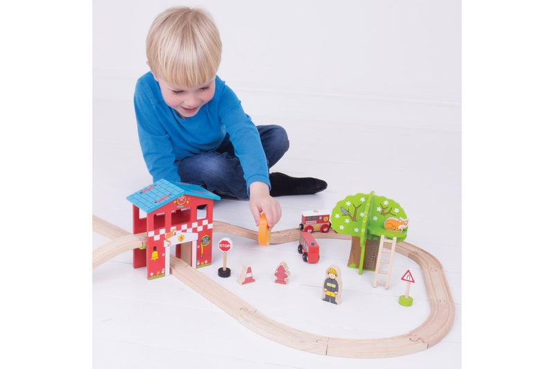 39pc Bigjigs Rail Fire Station Train Set Kids Fun Interactive Wooden Toy 3y+