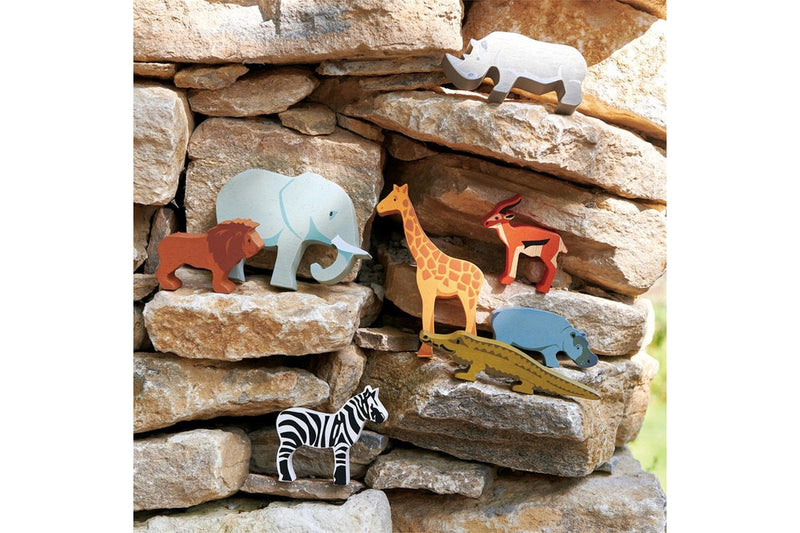 8pc Tender Leaf Toys 38cm Safari Animal Wooden Toy Set w Display Shelf Kids 3y+