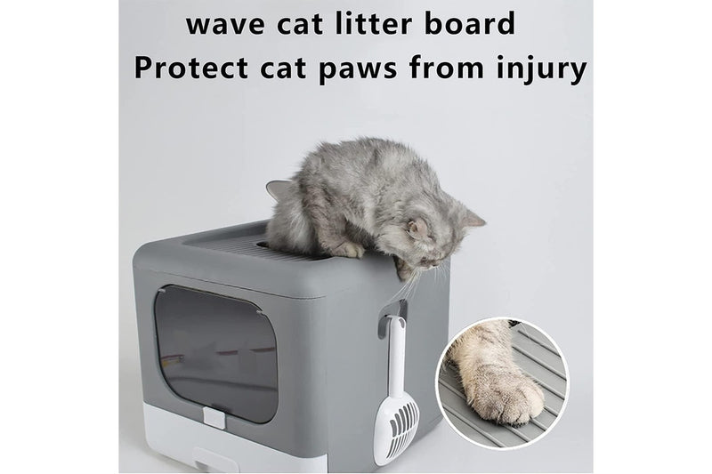 Large Cat Litter Box Foldable with Lid, Plastic Scoop, Drawer Top Entry, Anti-Splash, Leak Proof Kitty Toilet (Grey)