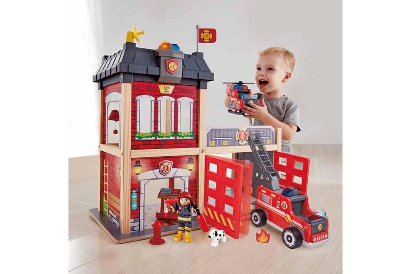 13pc Hape 60cm City Fire Station Kids 3y+ Wooden Toy w Fire Fighter Dog Figures