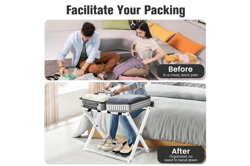 Costway 2PC Folding Iron Luggage Carrier Suitcase Stand w/Shelf Bag Storage Motel Hotels White