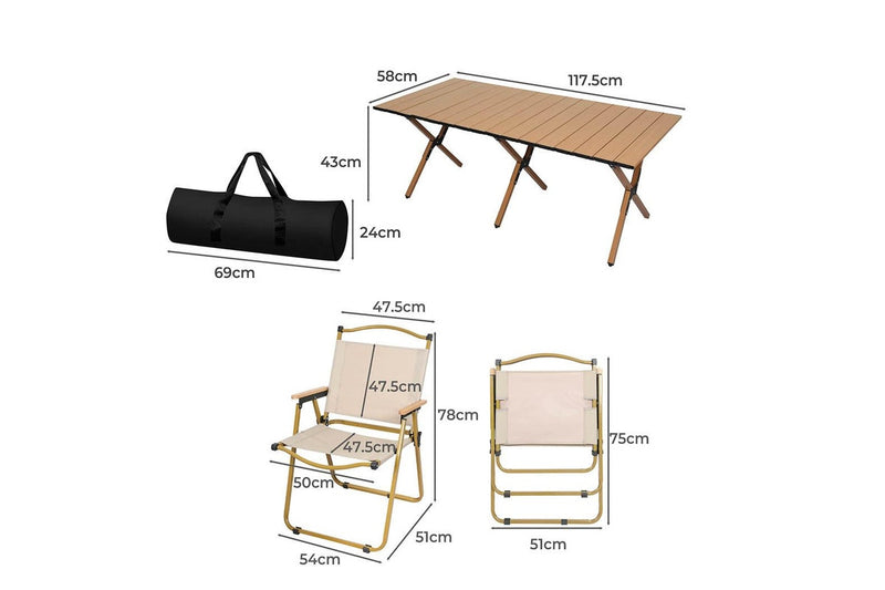 Levede Folding Camping Table Chair Set Portable Brown