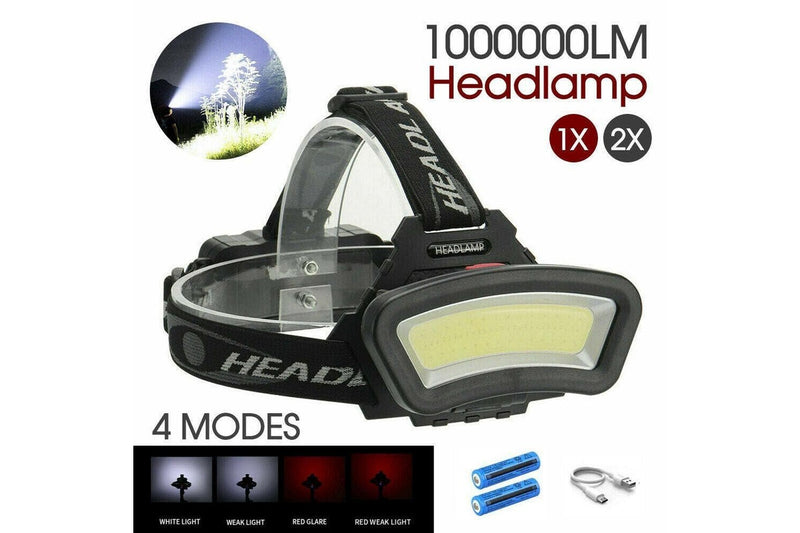 Ozstock 2 PCS 1000000LM COB+LED Headlamp Headlight Torch USB Rechargeable Flashlight Work