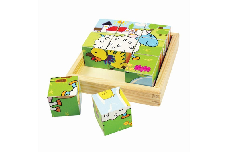 2PK Bigjigs Toys 10.5cm Safari & Animal Cube Puzzle Kids Wooden Toy Combo 18m+