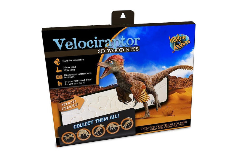 3x Heebie Jeebies Wood Velociraptor Kit Dino Kids Building Toy 32cm Small 6y+