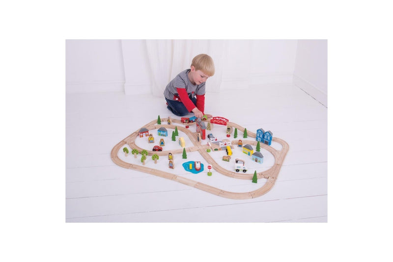 91pc Bigjigs Rail Town & Country Train Set Kids Children Fun Wooden Toy 3y+