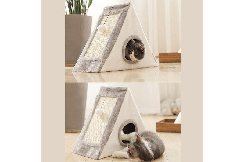 Foldable Triangular Cat Bed with Scratching Surfaces - Large (Grey)