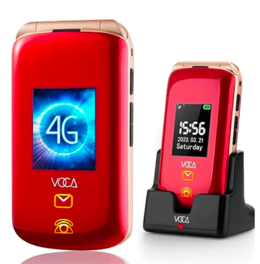 VOCA V540 Unlocked Smart 4G Flip Cell Phone, Dual Big Screen, Touch Screen, Big Button Mobile Phone for Elderly, Senior, Predictive Text, SOS Button, Easy to Use, Senior Citizen-Friendly, Red