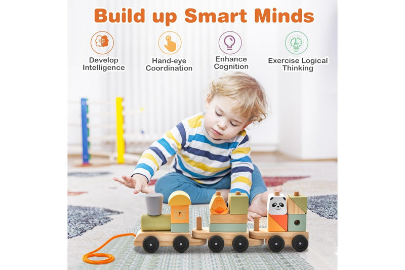 Costway Wood Train Toy Sets Stackable Blocks Interactive Educational Pull Toy Birthday Gift