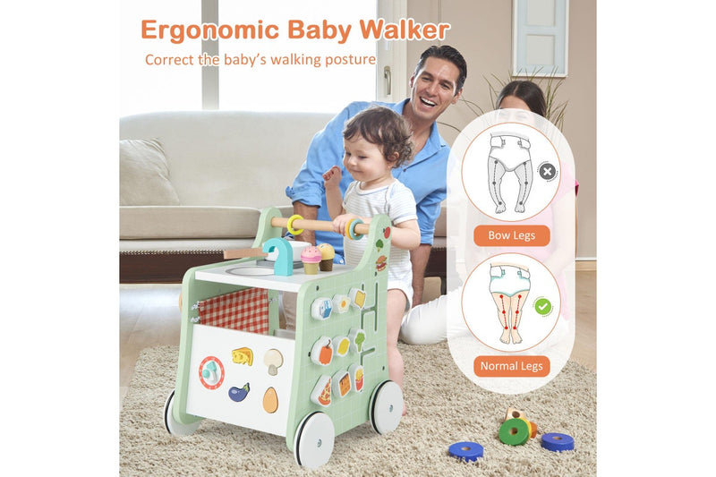 Costway 6-in-1 Stroller Wooden Walker Push Pull Learning Activity Center w/Play Kitchen,Teaching Clock