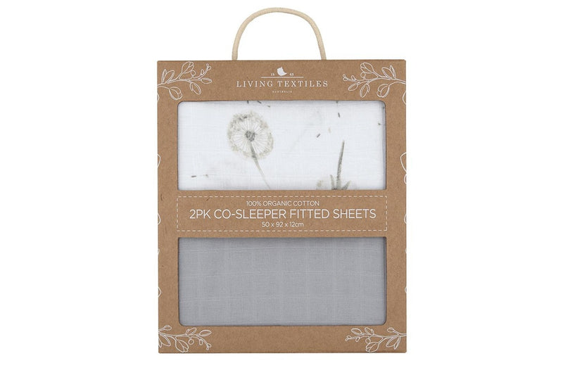 2pc Living Textiles Organic Muslin Co-Sleeper Cradle Fitted Sheet Dandelion Grey