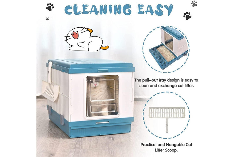 YES4PETS XL Portable Cat Toilet Litter Box Tray Foldable House with Handle and Scoop Blue