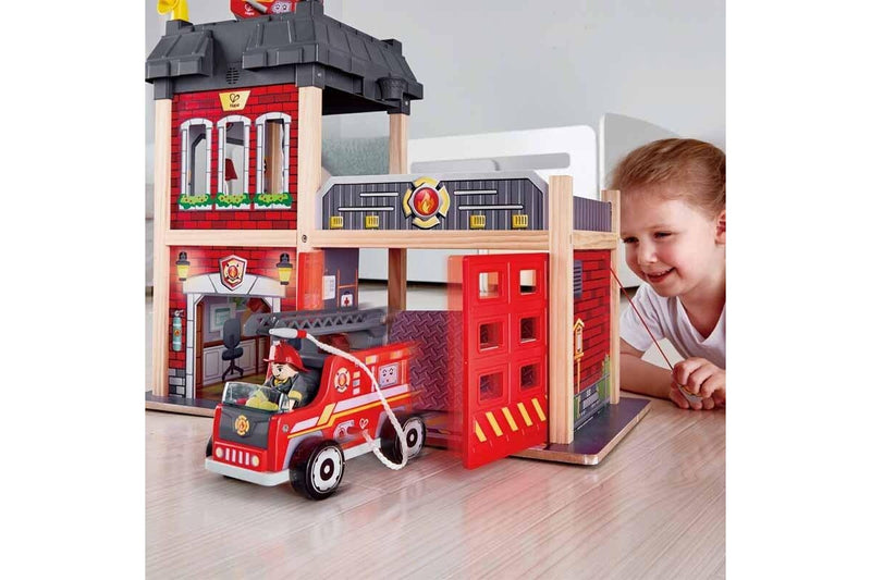 13pc Hape 60cm City Fire Station Kids 3y+ Wooden Toy w Fire Fighter Dog Figures