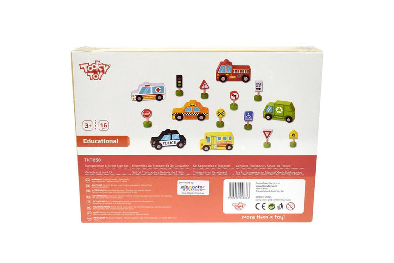 16pc Tooky Toy Wooden Transportation & Street Sign Vehicles 3y+ Kids Toddler