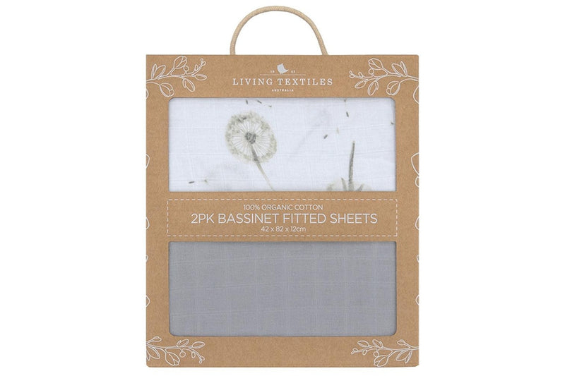 2pc Living Textiles Organic Cotton Muslin Bassinet Fitted Sheet Dandelion Grey