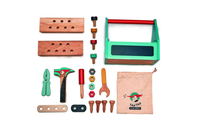 22pc Tender Leaf Toys 23cm Tap Tap Tool Box Hammer Screw Wooden Toy Set Kids 3y+