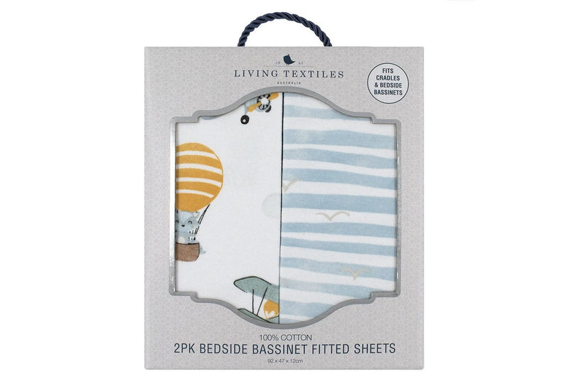 2pc Living Textiles Cotton Bedside Sleeper Fitted Sheets Up Up & Away Stripes