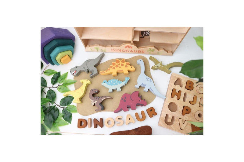 8pc Tender Leaf Toys 36cm Dinosaur Wooden Toy Set w Display Shelf Kids 3y+