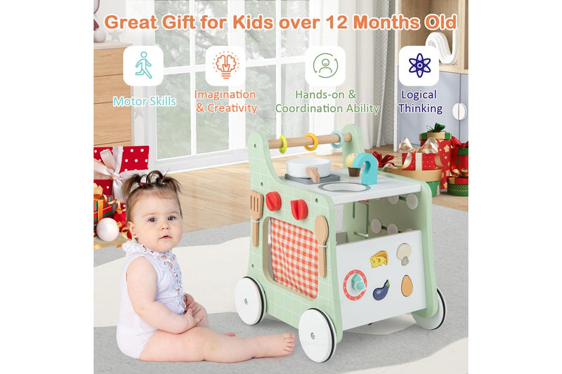 Costway 6-in-1 Stroller Wooden Walker Push Pull Learning Activity Center w/Play Kitchen,Teaching Clock