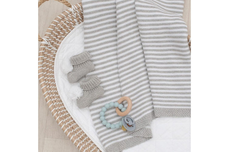 Living Textiles Baby 85cm Cotton Knitted Stripe Blanket Comforter Grey White