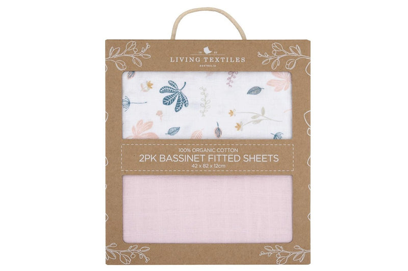 2pc Living Textiles Organic Cotton Muslin Bassinet Fitted Sheet Botanical Blush