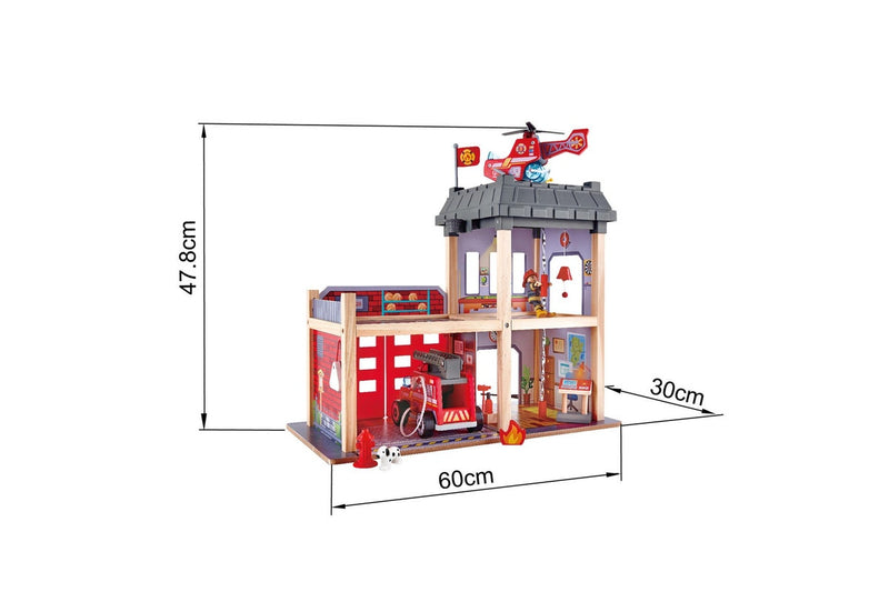 13pc Hape 60cm City Fire Station Kids 3y+ Wooden Toy w Fire Fighter Dog Figures