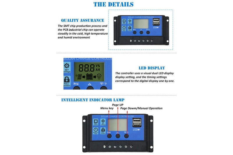 Costcom Solar Panel Regulator Charge Controller USB 12V-24V, 30A