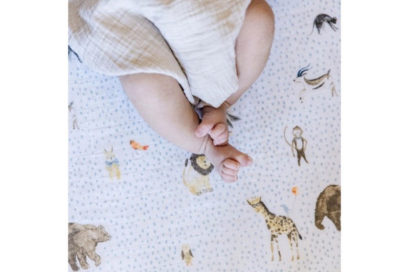 Little Unicorn: Muslin Fitted Cot Sheet - Party Animals