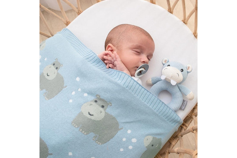 Living Textiles Whimsical 85cm Cotton Baby Blanket Pram Comforter Hippo Blue