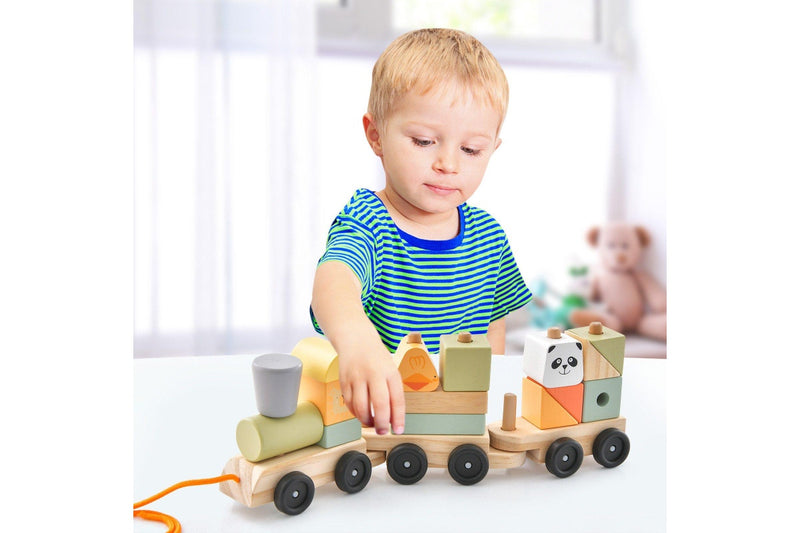 Costway Wood Train Toy Sets Stackable Blocks Interactive Educational Pull Toy Birthday Gift