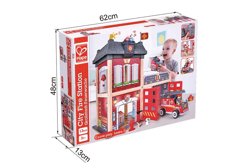 13pc Hape 60cm City Fire Station Kids 3y+ Wooden Toy w Fire Fighter Dog Figures