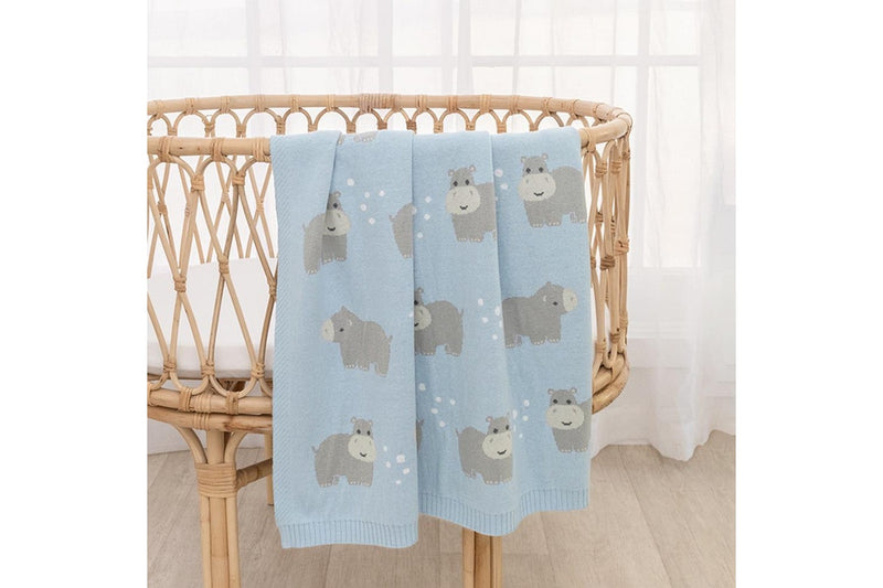 Living Textiles Whimsical 85cm Cotton Baby Blanket Pram Comforter Hippo Blue