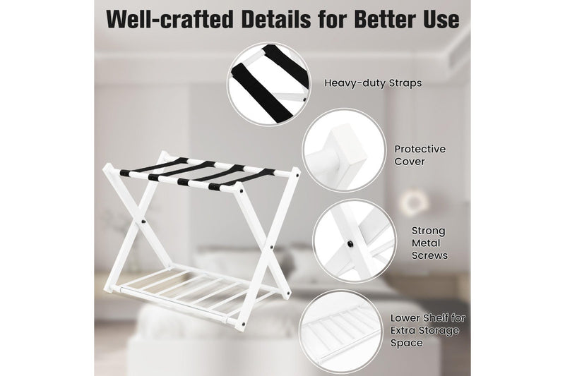 Costway 2PC Folding Iron Luggage Carrier Suitcase Stand w/Shelf Bag Storage Motel Hotels White