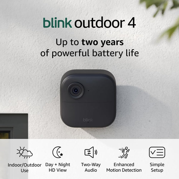 Blink Outdoor 4 — Wireless smart security camera, two-year battery life, local storage, enhanced motion detection, two-way audio, HD live view, Works with Alexa – 1 camera system