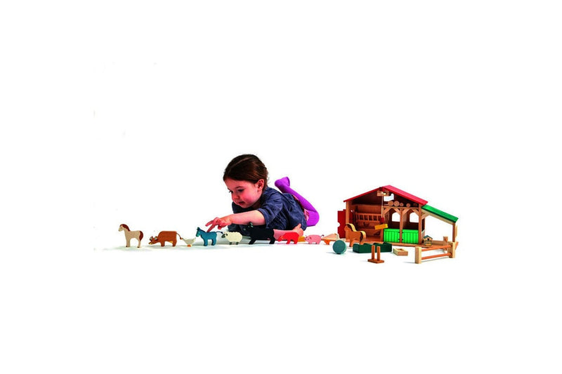 Tender Leaf Toys 51cm Farm Barn Stable Animal Figure Wooden Toy Set Kids 3y+